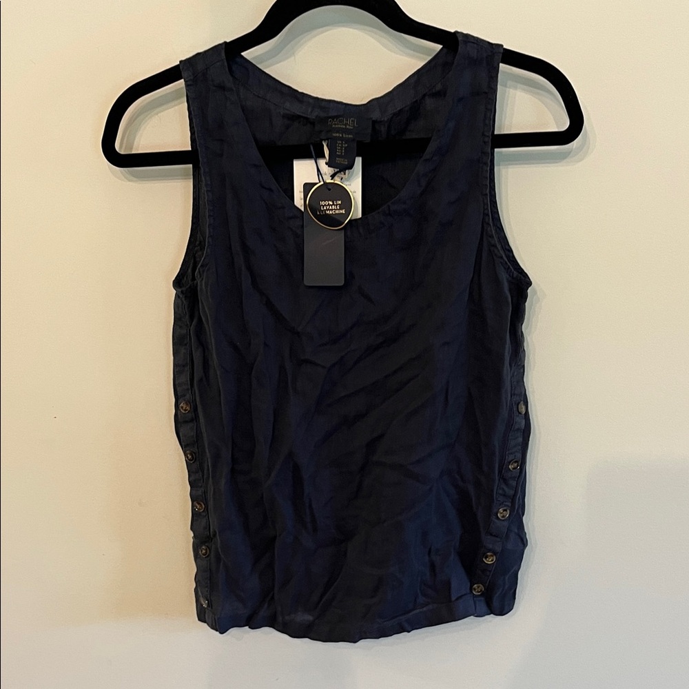 RACHEL Rachel Roy Linen Dark Blue Tank with Side Buttons